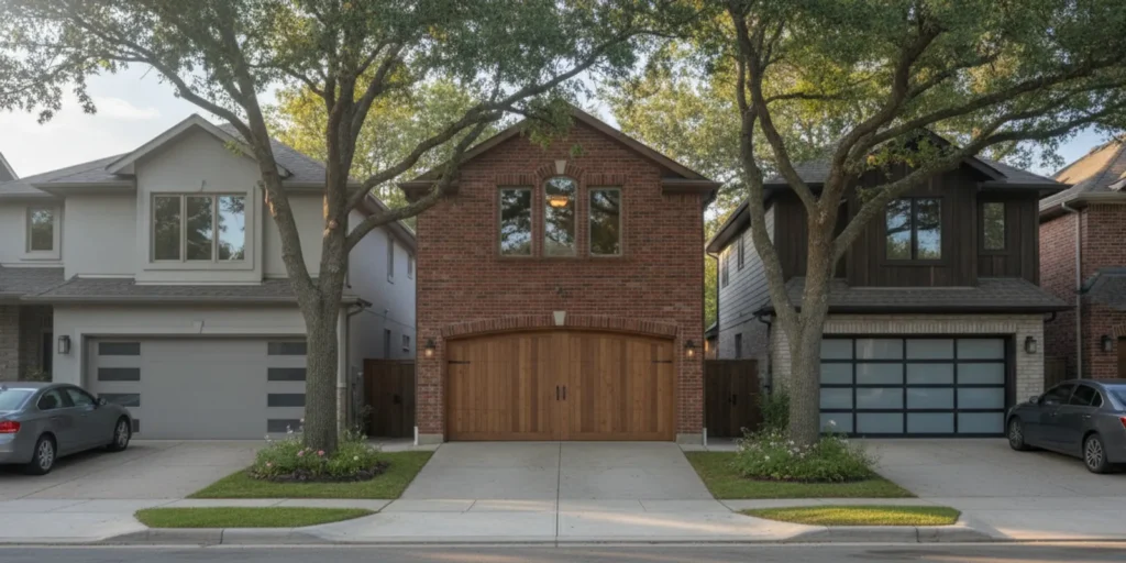 Steel, wood, and aluminum garage doors shown on neighboring homes