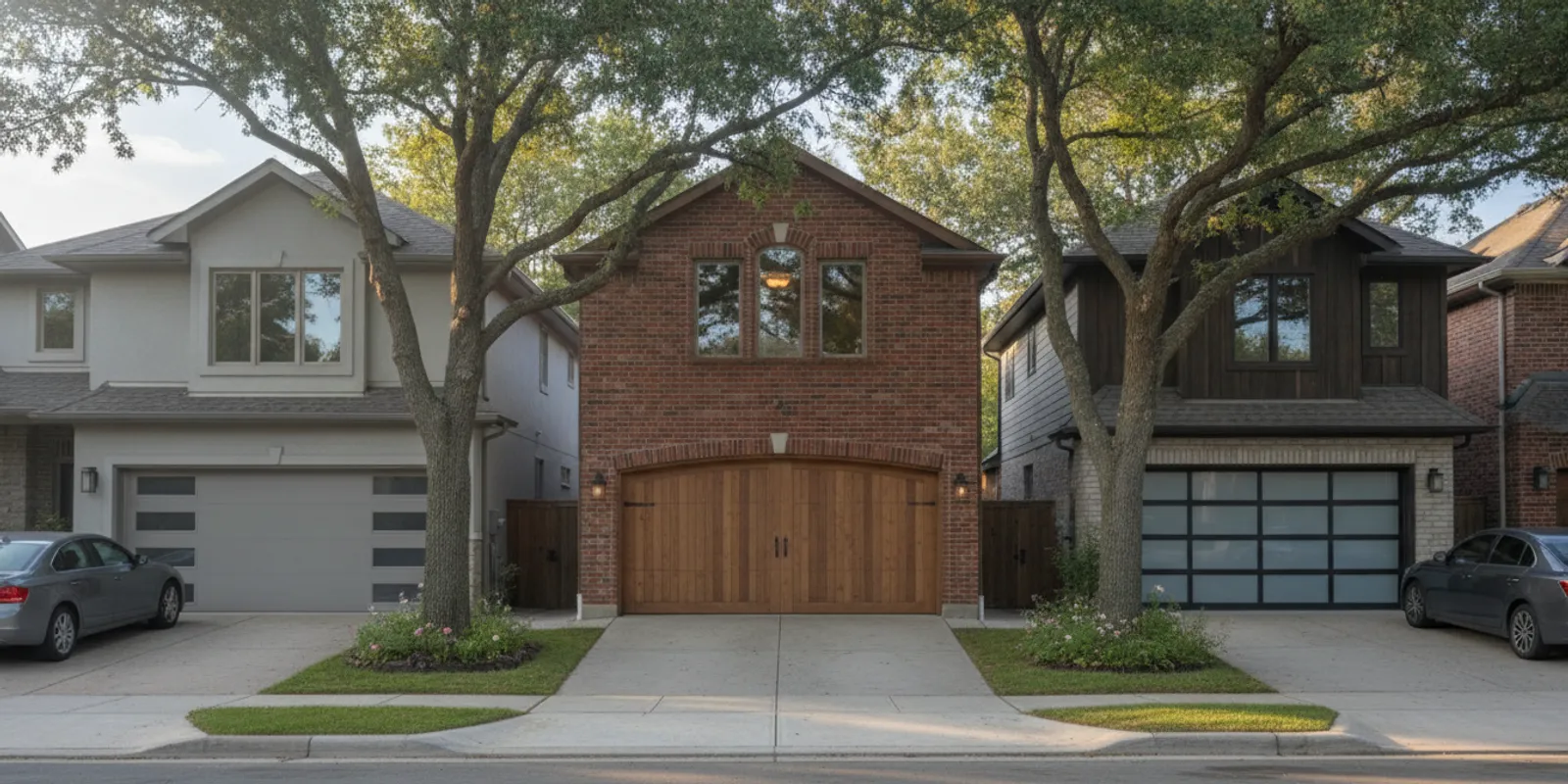 Steel, wood, and aluminum garage doors shown on neighboring homes