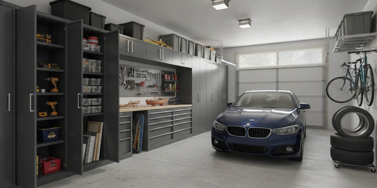 Metal garage cabinets arranged along a clean, organized residential garage wall
