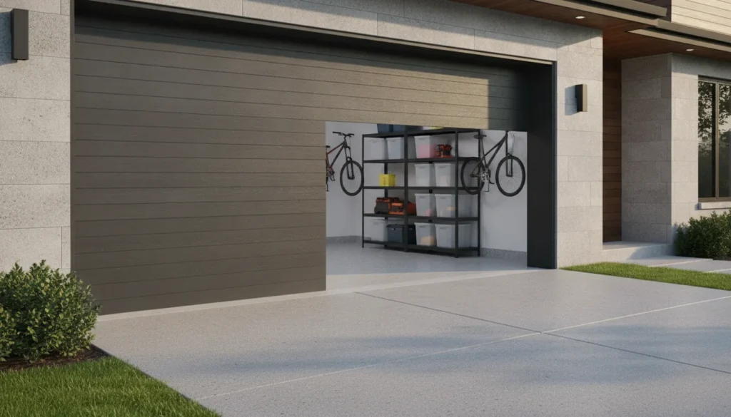 Modern overhead garage door on a finished residential garage