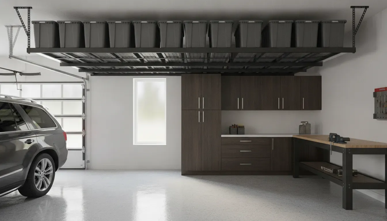 Ceiling-mounted overhead garage storage rack with organized bins above a finished garage