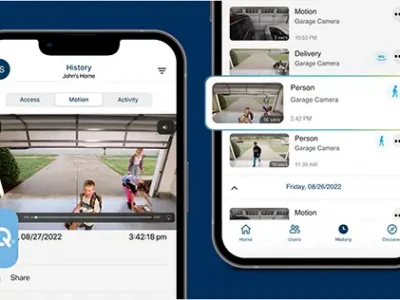 A smartphone screen displays the myQ app interface. On the left, a video shows two children playing in a garage. On the right, notifications show activity history, including motion and person alerts from the garage camera. The myQ logo is visible at the bottom left.