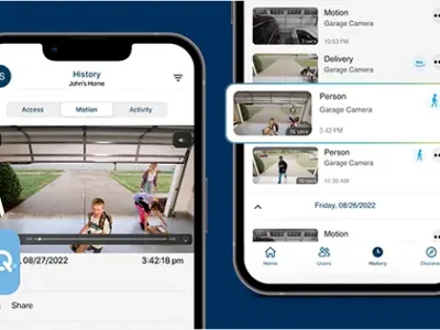 PeopleDetectionAsset-555×315-3x A smartphone screen displays the myQ app interface. On the left, a video shows two children playing in a garage. On the right, notifications show activity history, including motion and person alerts from the garage camera. The myQ logo is visible at the bottom left.
