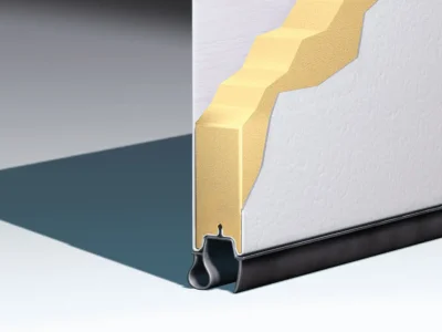 amarr-insulation-3layer A cross-sectional image of a wall segment, showcasing a layered structure with foam insulation inside. The wall is cut diagonally to reveal an interior material resembling yellow foam, bordered by outer surfaces in white and gray, with a black base.