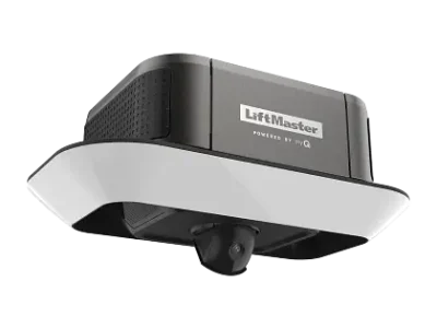 x87504_267_left_2 A LiftMaster garage door opener with a sleek, modern design is shown. It features a black and white body with a built-in security camera. The brand name "LiftMaster" is visible on the front of the device.