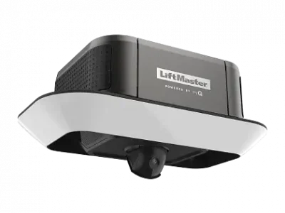 x87504_267_left_2 A LiftMaster garage door opener with a sleek, modern design is shown. It features a black and white body with a built-in security camera. The brand name "LiftMaster" is visible on the front of the device.